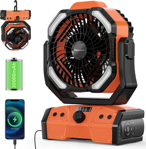 Vista 10 de Easywave Ventilador de camping con linterna LED: tienda de campaña de 20000 mAh recargable con batería para exteriores, ventilador oscilante
