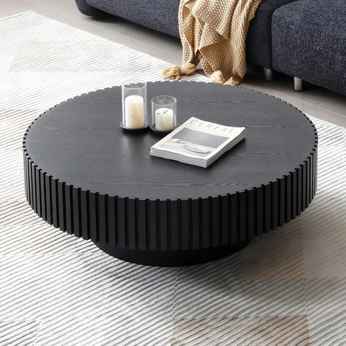 Vista 7 de Mesa de café redonda de 80 cm en madera, mesa de café circular moderna y única, mesa auxiliar contemporánea de roble con forma de tambor y acento