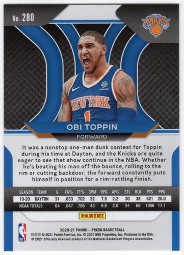 Vista 2 de Obi Toppin 2020-21 Panini Prizm Rookie Card New York Knicks RC