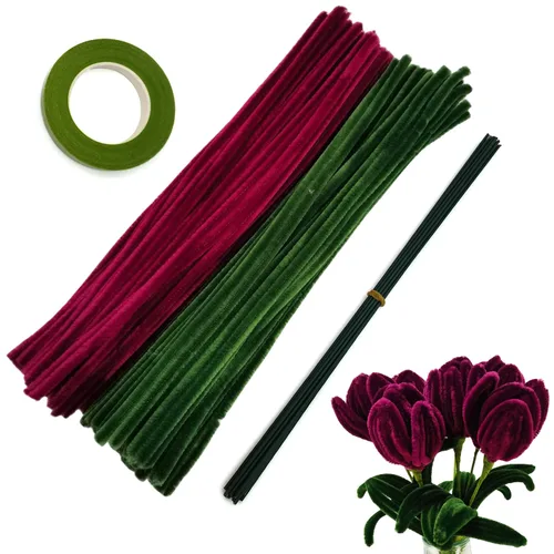 Vista 7 de Juego de 200 limpiapipas naranja verde oliva con alambres florales y cinta de jardinería, tallos de felpilla para hacer ramos de tulipanes, caqui