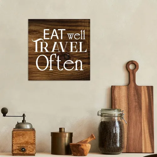Vista 4 de LITTLEGROVE SEEDS Letreros de madera rústica con refranes Eat Well Travel Often, placa de madera de granja, decoración de pared rústica para sala