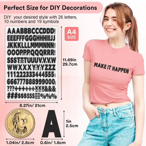 Vista 2 de 5 hojas, 830 piezas de letras y números para planchar para ropa, letras de vinilo para planchar de 1 pulgada con letras de transferencia de calor