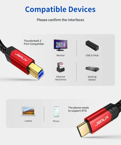 Vista 5 de JSAUX Cable de impresora USB B 3.0 a USB C de 6.6 pies, cable USB 3.0 tipo B de nailon compatible con estación de acoplamiento, discos duros