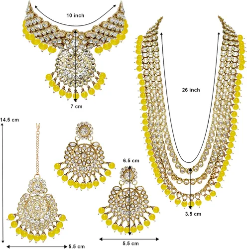 Vista 8 de Aheli Indian Wedding Kundan Beaded Bridal Long Choker Necklace Earrings with Maang Tikka Traditional Jewellery Set for Women