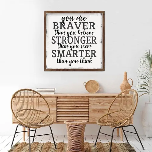 Vista 4 de Farmhouse Rustic Wood Framed Signs 7x7 Inch,Youre Braver Than You Believe Wooden Sign with Frame Modern Wood Sign Wall Plaque Art for Kitchen