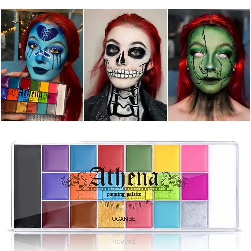 Vista 2 de UCANBE Juego de pintura facial y corporal, paleta de pintura Athena, 10 pinceles profesionales para artistas, bandeja grande y profunda, ideal