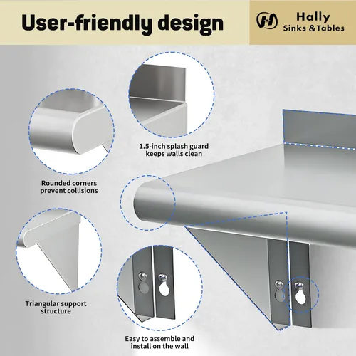 Vista 5 de Hally Estante de acero inoxidable montado en la pared, estante de pared de 10 x 24 pulgadas, NSF resistente, capacidad de 250 libras, estante