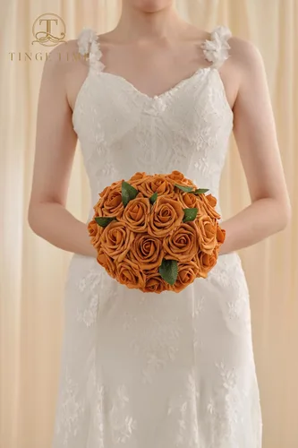 Vista 4 de TINGE TIME Flores de color naranja quemado, 25 flores artificiales para decoraciones, rosas de espuma falsas a granel con arreglos florales, ramos