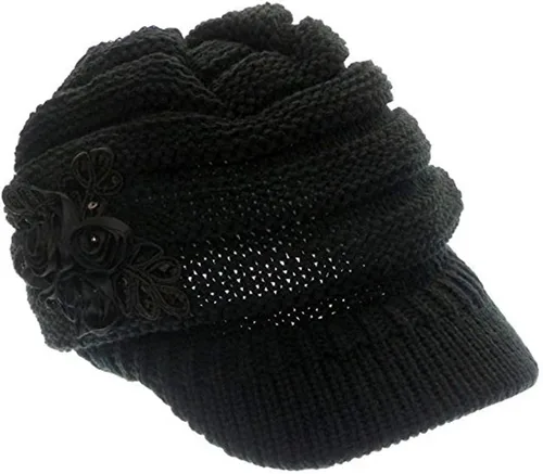Vista 97 de C-US - Gorro de punto cálido para mujer, con visera de ganchillo con acento de flores