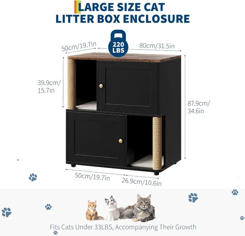 Vista 6 de CABIHOME Caja de arena doble para gatos con poste rascador, armario oculto 2 en 1 con tapete de arena, caja de arena grande para 2 gatos, color negro