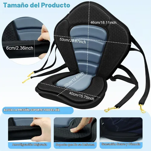 Vista 2 de Asiento de kayak acolchado de lujo para barco de pesca, asiento de canoa sentado en la parte superior, cómodo soporte de respaldo universal