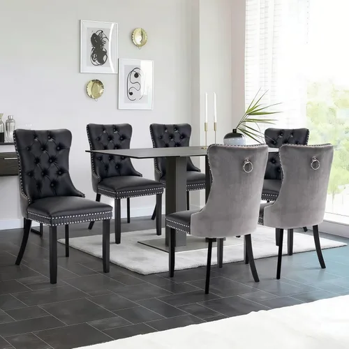 Vista 103 de Juego de 2 sillas de comedor de terciopelo con patas de madera, color beige Mid Century Modern Dining Chairs,Upholstered Chairs with Nailhead