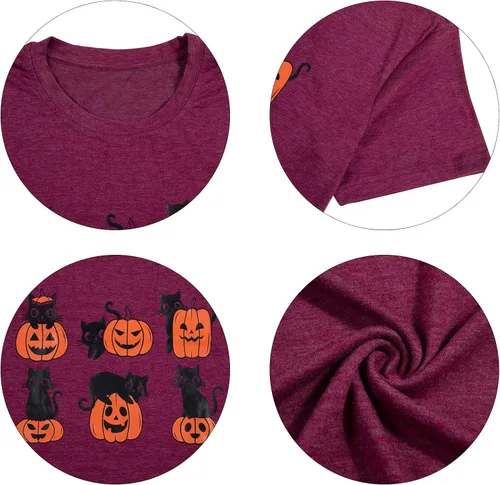 Vista 6 de JINTING Camisas de gato negro para mujer, camiseta de calabaza de Halloween, camiseta gráfica de Halloween, camiseta de manga corta