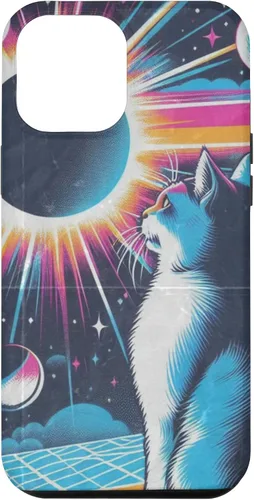 Vista 6 de iPhone 15 Cat Solar Eclipse - Synthwave Retro Poster Style Case