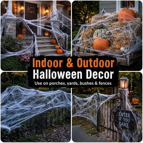 Vista 3 de MAQIHAN Telarañas de 1200 pies cuadrados para decoración de Halloween, telarañas de Halloween con 40 arañas falsas, telarañas súper elásticas