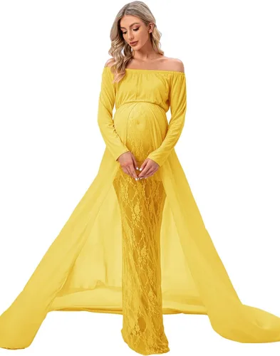 Vista 3 de ZIUMUDY Vestido de sesión de fotos de maternidad de manga larga con hombros descubiertos, vestido de encaje ajustado con capa larga de gasa trian