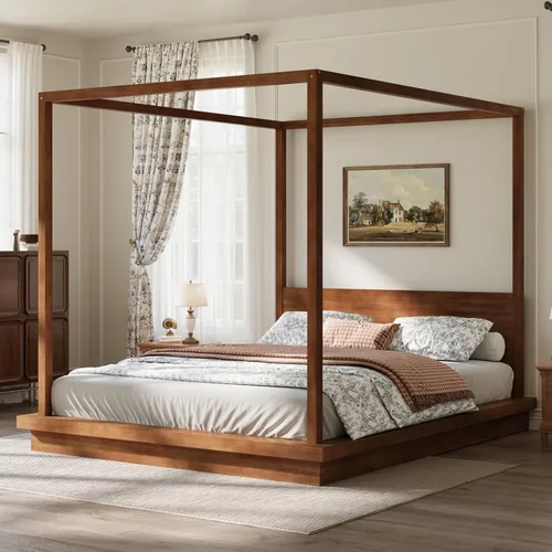 Vista 35 de Cama de plataforma con dosel de 4 pósteres de tamaño matrimonial con cabecero de listones verticales Negro-8.1