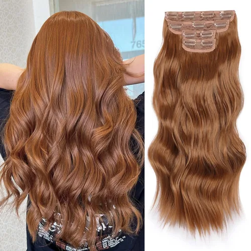 Vista 37 de Extensiones de cabello con clip de Vigorous de 20 pulgadas, con reflejos rubio playa, extensiones de cabello ondulado largo y suave de cabello