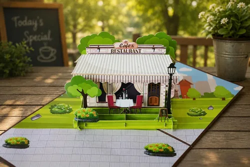 Vista 4 de ETA Tarjeta de felicitación desplegable 3D – escena de café y restaurante con comedor al aire libre, arte de papel hecho a mano, cumpleaños