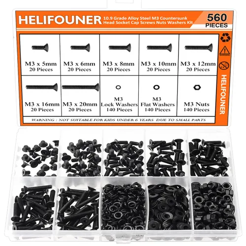 Vista 14 de HELIFOUNER 560 Piezas M2 x 4 mm / 6 mm / 8 mm / 10 mm / 12 mm / 16 mm / 20 mm, Kit de Tornillos de Cabeza de Botón con Arandelas y Tuercas, Acero