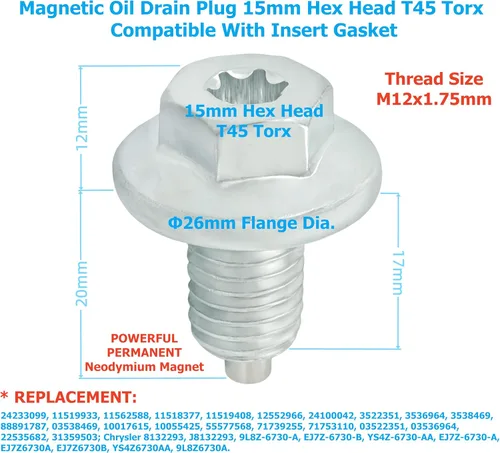 Vista 3 de 2 tapones magnéticos de drenaje de aceite M12-1.75, cabeza hexagonal de 0.591 in T45 Torx compatible con junta de inserción, más 5 juntas, apto
