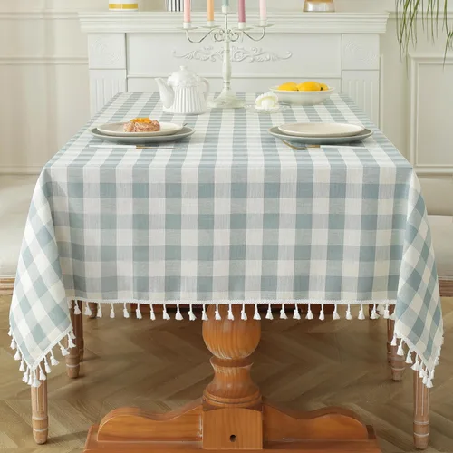 Vista 8 de Laolitou Mantel redondo a cuadros verde, de lino y algodón, con borla, a cuadros de búfalo, lavable, mantel de gingham para sala de estar