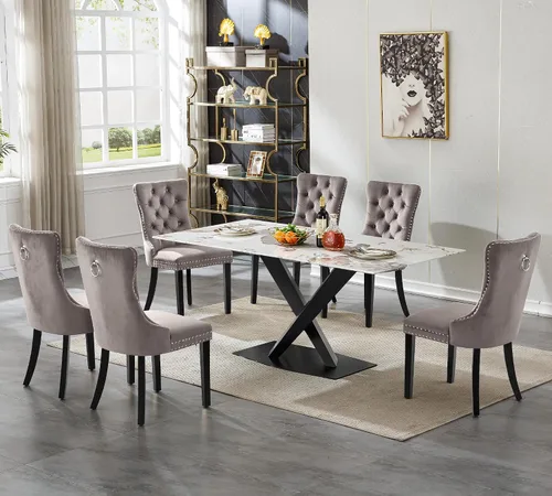 Vista 32 de Juego de 5 mesas de comedor, juego de mesa de cocina y comedor para 4, mesa de cocina rectangular de mármol sintético blanco de 47 pulgadas con base
