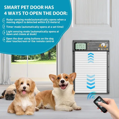 Vista 4 de Puerta automática para mascotas, radar de puerta de perro, modos de temporizador y sensor de luz, puerta recargable solar y USB, aluminio duradero