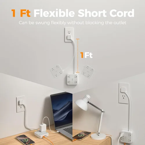 Vista 2 de TESSAN Cable de extensión plano protector de sobretensiones de 1 pie, regleta de enchufe con anillo con 4 tomas, 3 puertos USB (1 USB C), protección