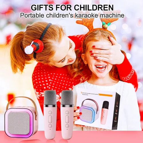 Vista 6 de Máquina de karaoke para niños, máquina de karaoke para niñas con 2 micrófonos inalámbricos, mini altavoz Bluetooth portátil para niños, máquina