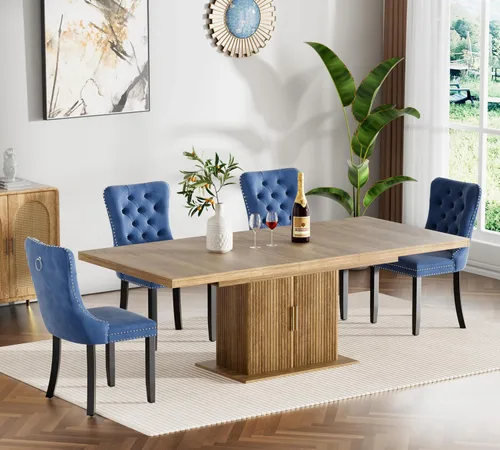 Vista 51 de Juego de mesa de comedor extensible de 5 piezas, juego de mesa de comedor extensible de estilo granja para 4, mesa de cocina expandible de madera