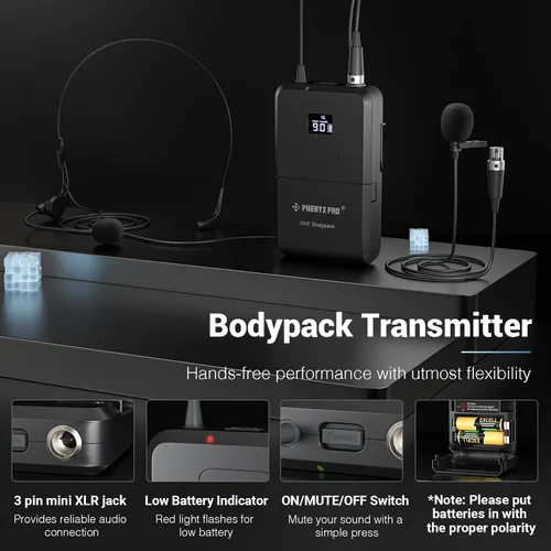 Vista 4 de Phenyx Pro Sistema de micrófono inalámbrico de 4 canales, set de micrófono inalámbrico UHF con escaneo automático, 4 bodypacks