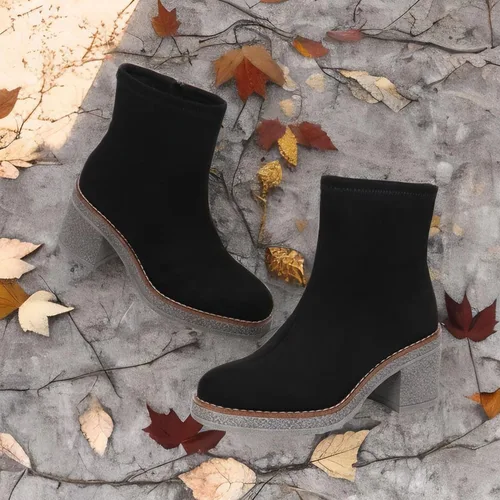 Vista 7 de JABASIC Botas de tobillo para mujer, tacón bajo, tacón grueso, botas de vestir con cremallera lateral