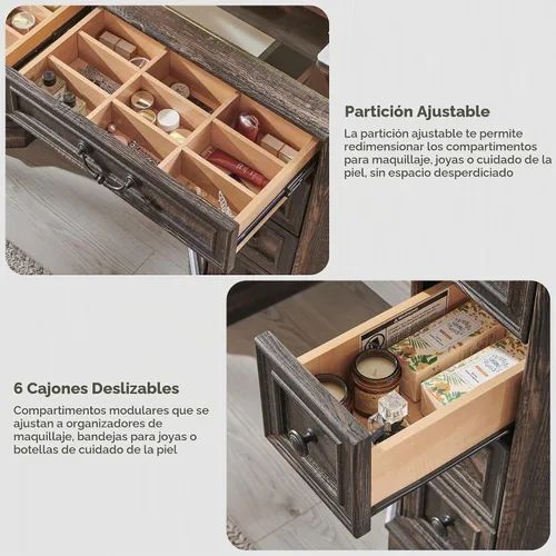 Vista 5 de T4TREAM Escritorio de maquillaje con espejo iluminado HD de 48 pulgadas, mesa de tocador de granja con 8 cajones, escritorio de tocador con 3 modos