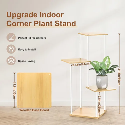 Vista 3 de Soporte para plantas de 4 niveles para interiores y exteriores, estante de esquina de metal de madera, múltiples estantes para macetas, estante