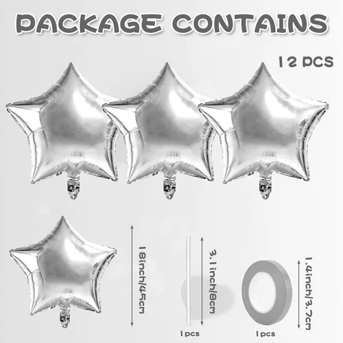 Vista 2 de Globos de estrella plateados, globos de papel de aluminio de graduación, globos de Mylar de Pascua para helio, metálicos, 12 piezas de 18 pulgadas