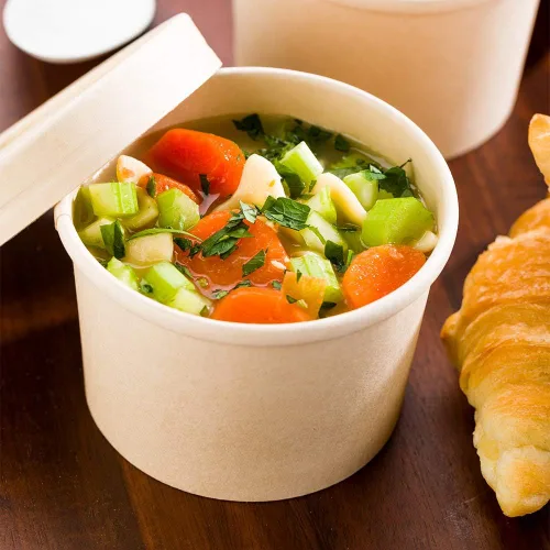 Vista 3 de Restaurantware Bio Tek - Tazas de sopa desechables de 8 onzas, 200 tazas de sopa de papel para microondas, tapas ventiladas que se venden por