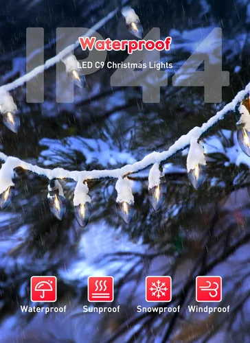Vista 5 de Luces LED vintage C9 de Navidad, cadena de luces C9 de 25 pies con 25 bombillas LED C9 de plástico, luces impermeables conectables al aire libre