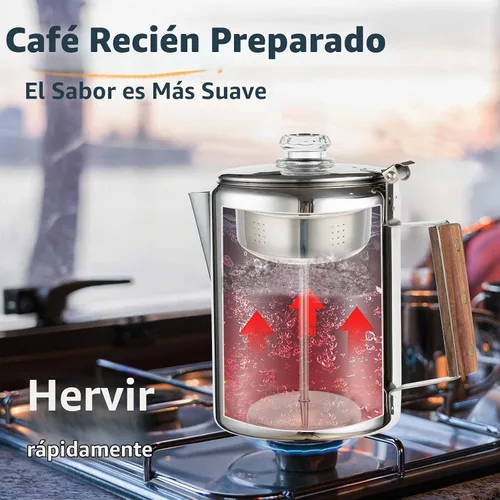 Vista 4 de MEREZA Cafetera de camping para estufa, cafetera, percolador, fogata, cafetera de acero inoxidable, cafetera para acampar al aire libre, hogar, 9