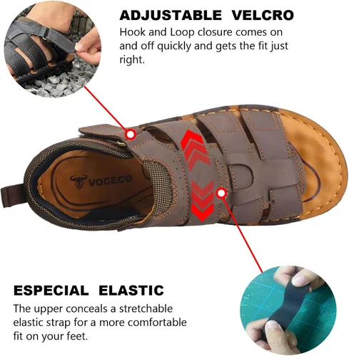Vista 2 de VOCECO - Sandalias de cuero para hombre con puntera abierta, ajustables, ligeras, para playa y verano