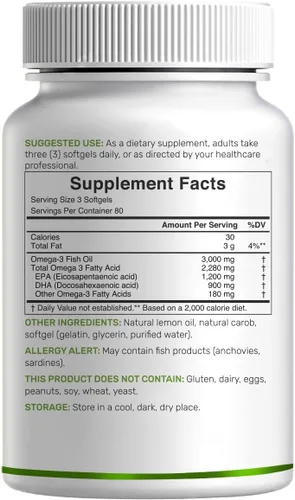 Vista 7 de DEAL SUPPLEMENT Suplementos de Aceite de Pescado Omega 3, 3,000mg por Porción, 240 Cápsulas Blandas – EPA 1,200mg + DHA 900mg – Píldoras sin