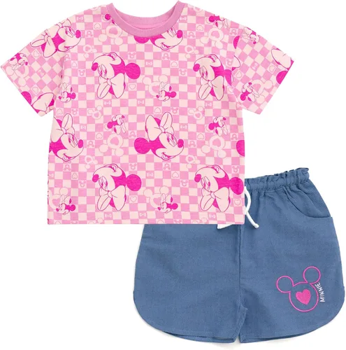 Vista 14 de Disney Minnie Mouse - Conjunto de camiseta floral arcoíris y pantalones cortos de cambray, tallas de bebé a niño grande (12 meses - 14-16)