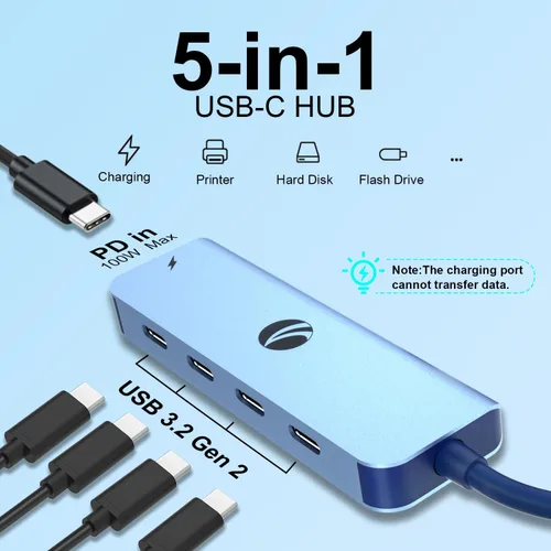 Vista 6 de V COM Hub USB C de 10 Gbps, divisor USB de 5 puertos con entrega de energía de 100 W, adaptador multipuerto USB C portátil compatible con MacBook