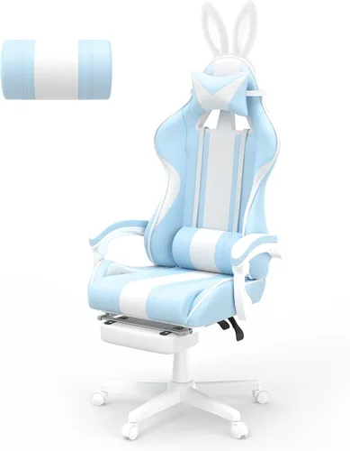 Vista 10 de Ferghana Kawaii Bunny Ears - Silla de juegos con reposapiés y masaje, silla ergonómica de cuero para juegos de computadora para niñas, adultos, Rosa