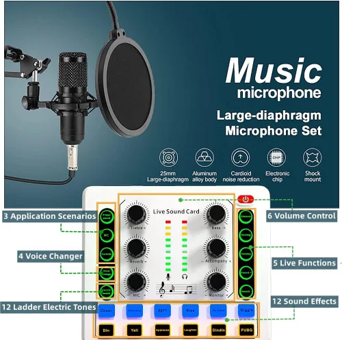 Vista 4 de Paquete de equipo de podcast, BM-800 - Paquete de micrófono para podcast, cambiador de voz con brazo de micrófono, micrófono condensador de estudio