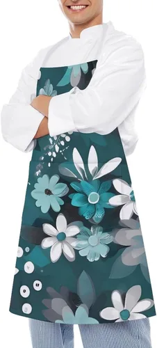 Vista 4 de MUSM Teal Grey And White Floral Apron，Classic Vintage Funny with Pockets Aprons,Adjustable Bib Waterdrop Resistant for Kitchen Cooking Restaurant