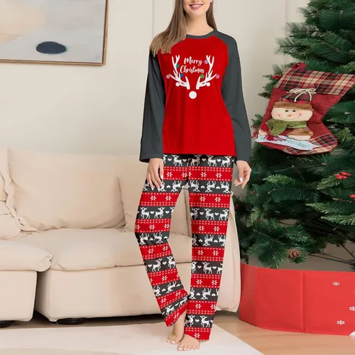 Vista 2 de Pijamas familiares de Navidad a juego para la familia, pijamas a cuadros de búfalo rojo, feliz Navidad