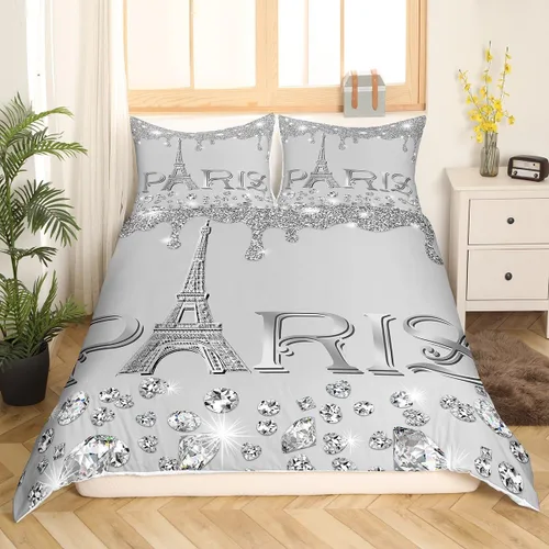 Vista 8 de Erosebridal Funda de edredón de la Torre Eiffel para niñas, juego de ropa de cama romántica de París azul, negro y blanco, funda de edredón