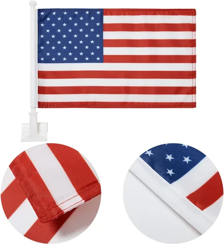 Vista 4 de Paquete de 2 banderas de automóvil, bandera de Estados Unidos para exteriores con bandera estadounidense y mástil, el clip para ventana con logotipo