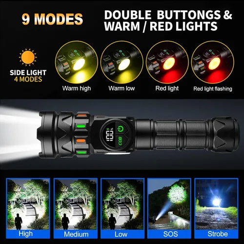 Vista 12 de Linternas recargables de alto lúmenes 5000 de larga distancia, luces LED superbrillantes con luz lateral COB pantalla LCD USB C, fuente de luz dual